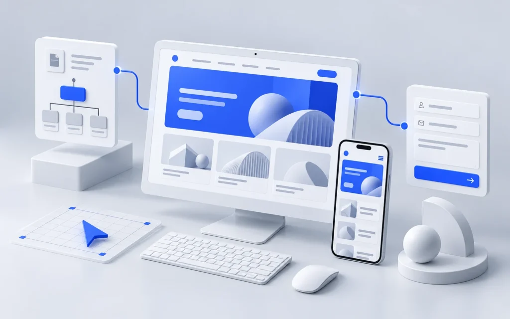 Website design concept connecting content structure, desktop and mobile layouts, and an inquiry form