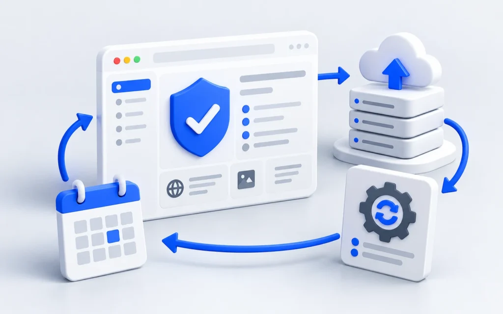 Website maintenance concept connecting a browser dashboard, security shield, backup storage, and scheduled updates