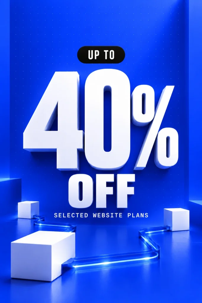 Up to 40 percent off selected website plans, with large white lettering and connected geometric forms on a cobalt blue background.