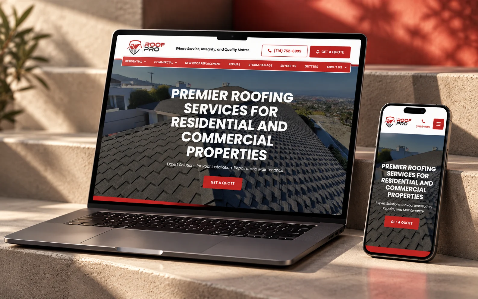 Third-party website reference: Roof Pro OC website shown in a studio mockup with desktop and mobile devices