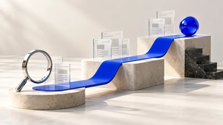 A cobalt pathway links three stone platforms with glass website panels and a magnifying glass, representing an SEO roadmap.