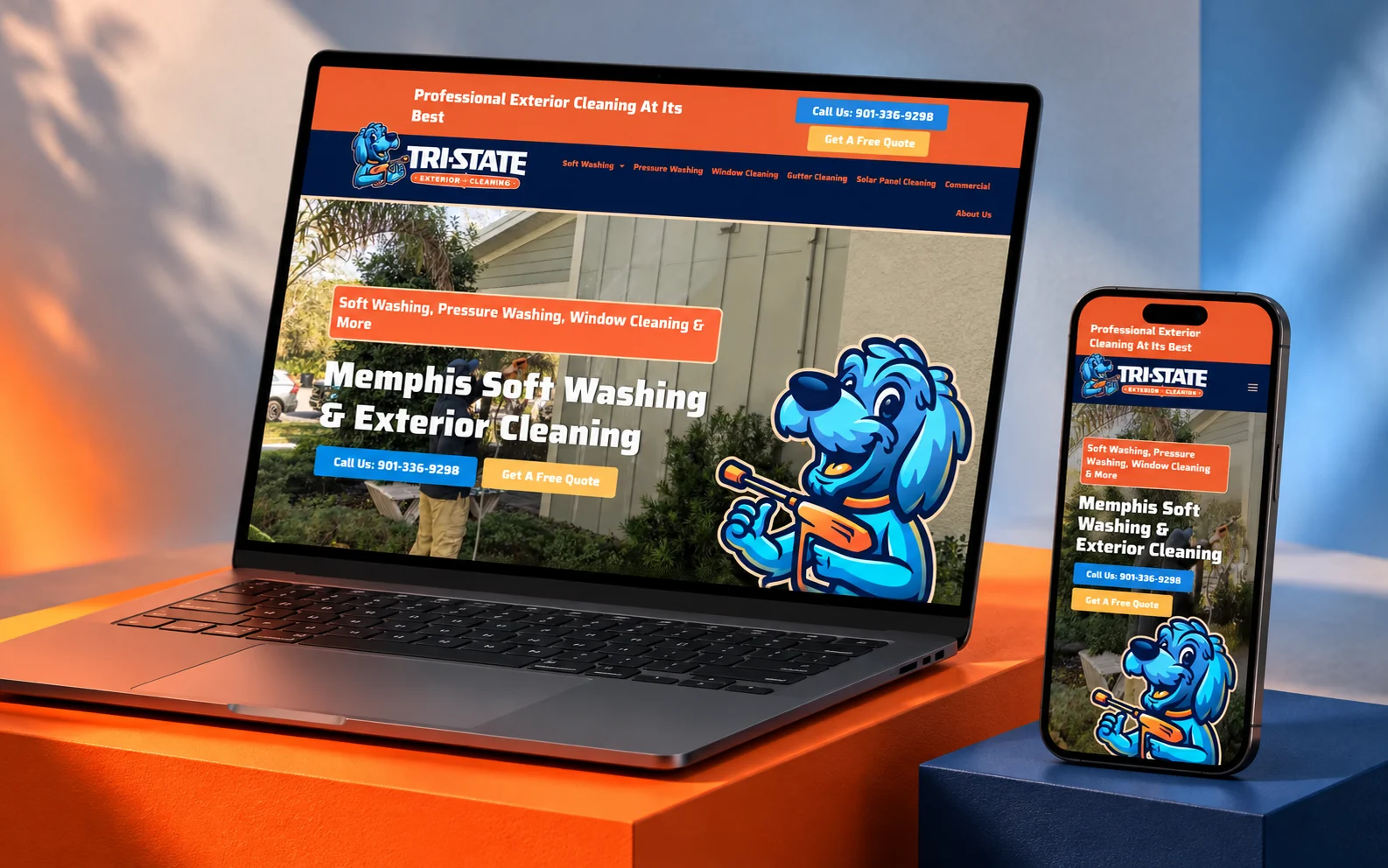 Third-party website reference: Tri-State Exterior Cleaning website shown in a studio mockup with desktop and mobile devices