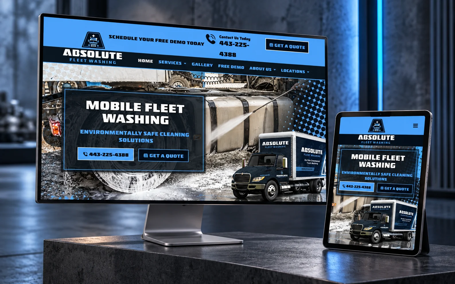 Third-party website reference: Wash My Trucks website shown in a studio mockup with desktop and mobile devices