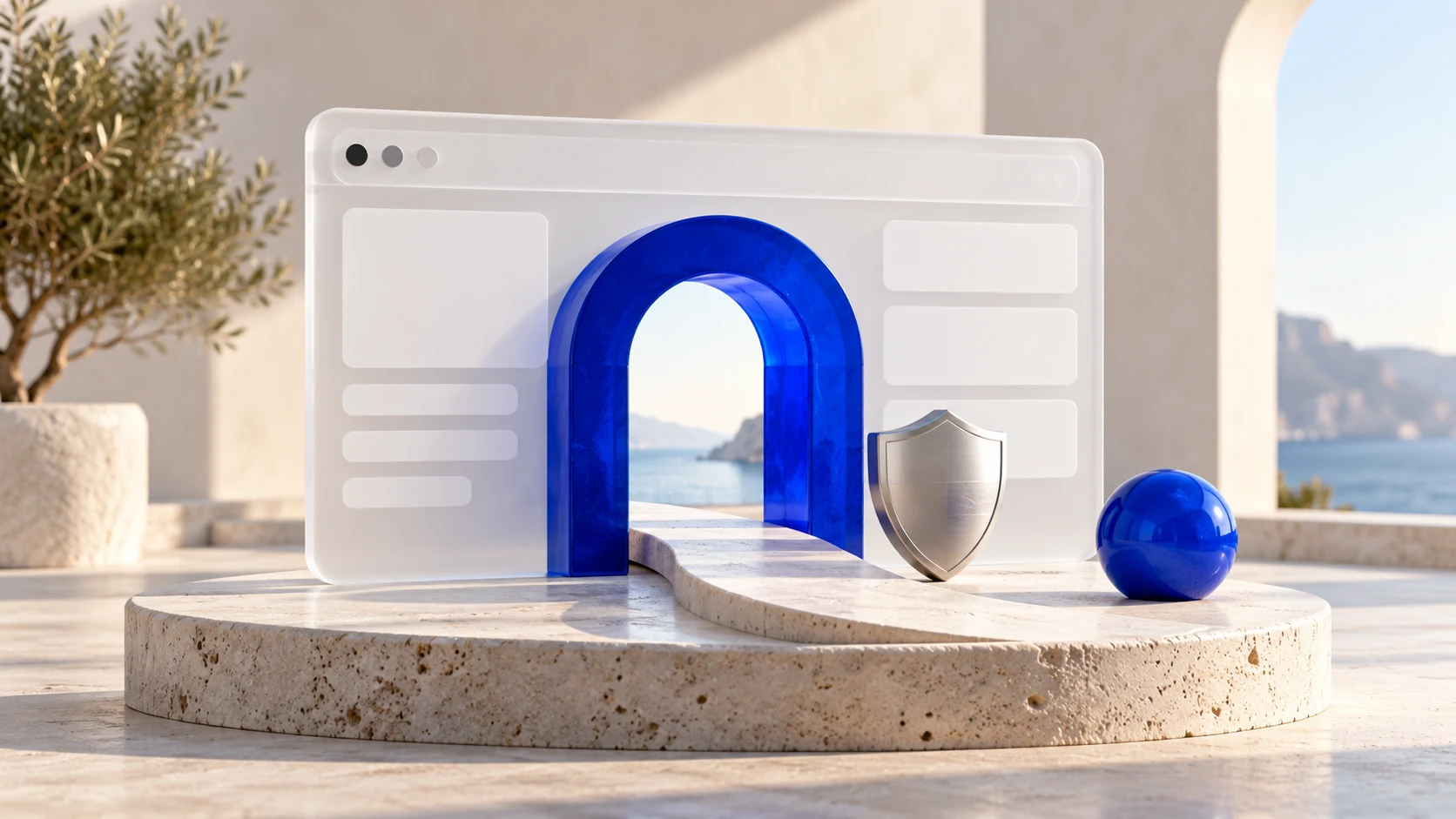 Abstract blue doorway through a frosted website panel with a silver shield and a clear path.