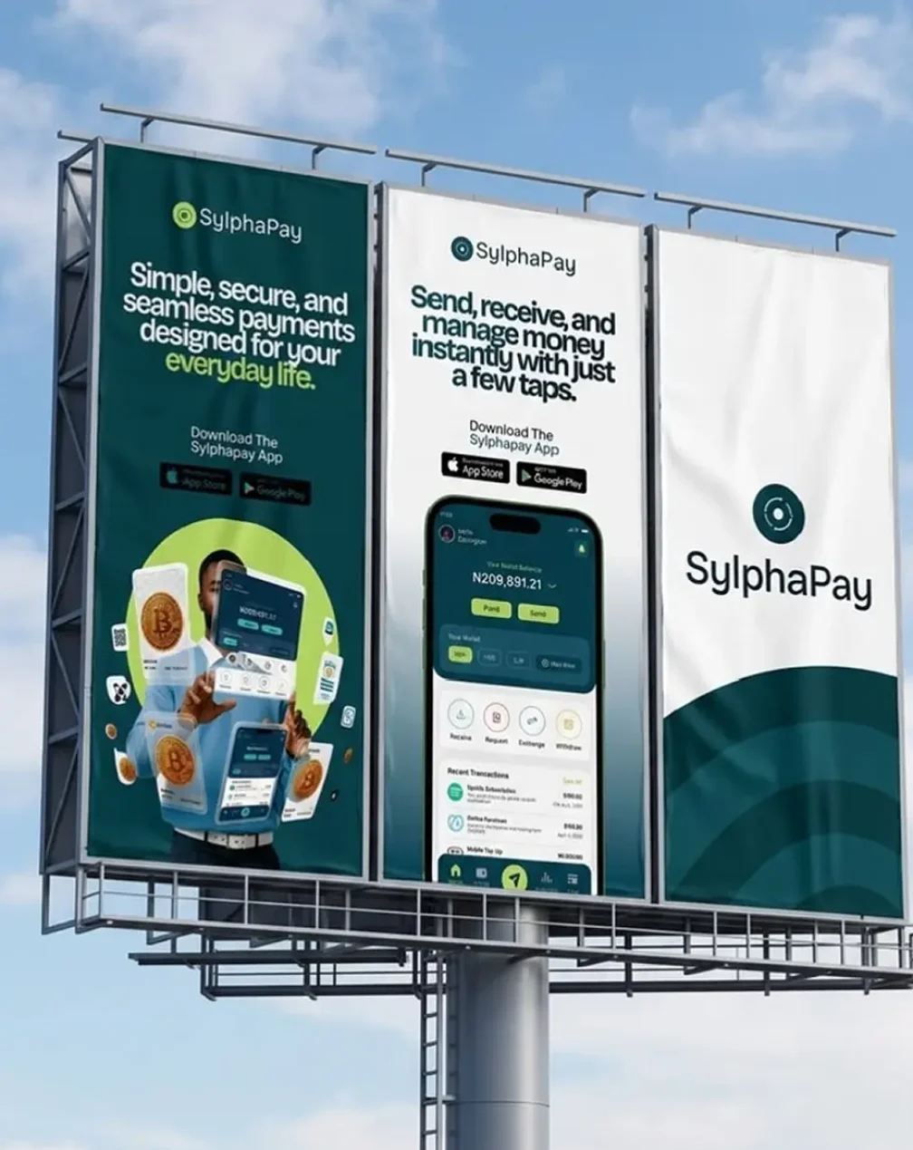 SylphaPay mobile payment app and digital marketing mockups